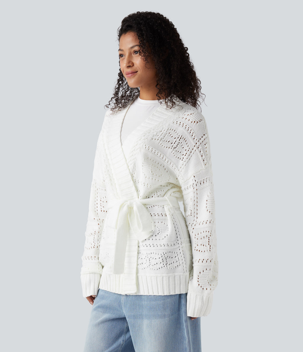Open Front Long Sleeve Belted Jumper Knit Casual Cardigan — White — view 3