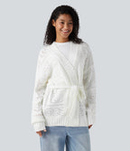 Open Front Long Sleeve Belted Jumper Knit Casual Cardigan — White — view 1