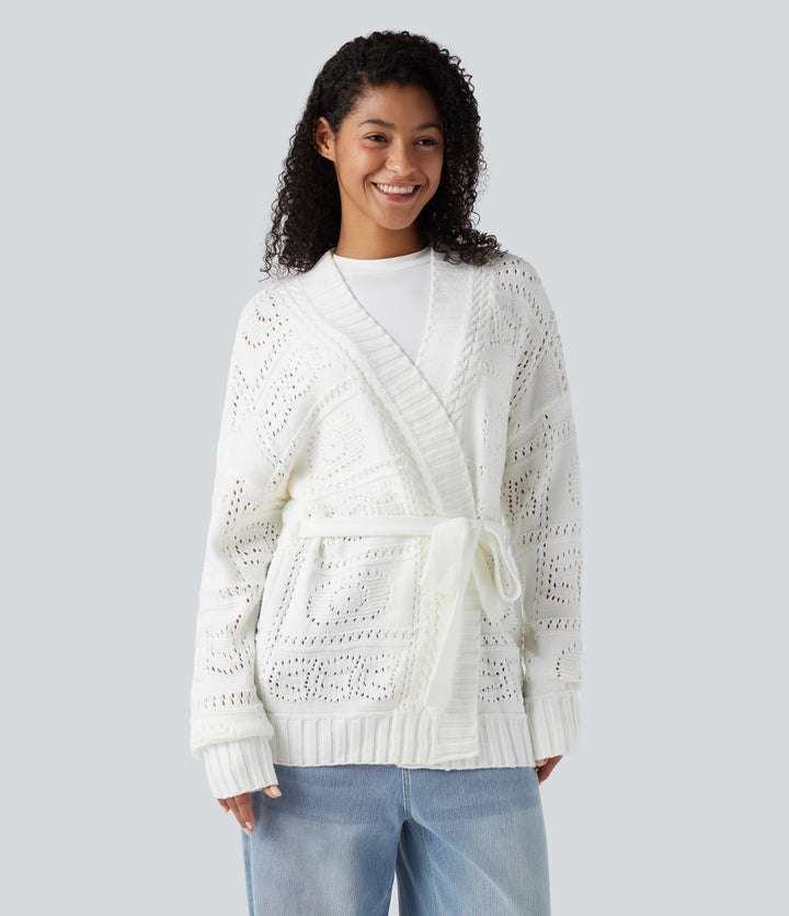 Open Front Long Sleeve Belted Jumper Knit Casual Cardigan — White — view 1