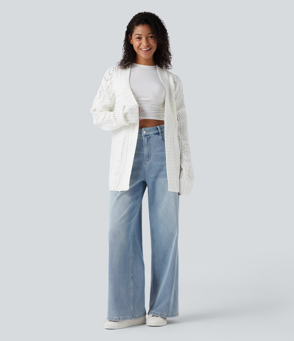 Open Front Long Sleeve Belted Jumper Knit Casual Cardigan — White — view 5