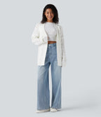 Open Front Long Sleeve Belted Jumper Knit Casual Cardigan — White — view 5