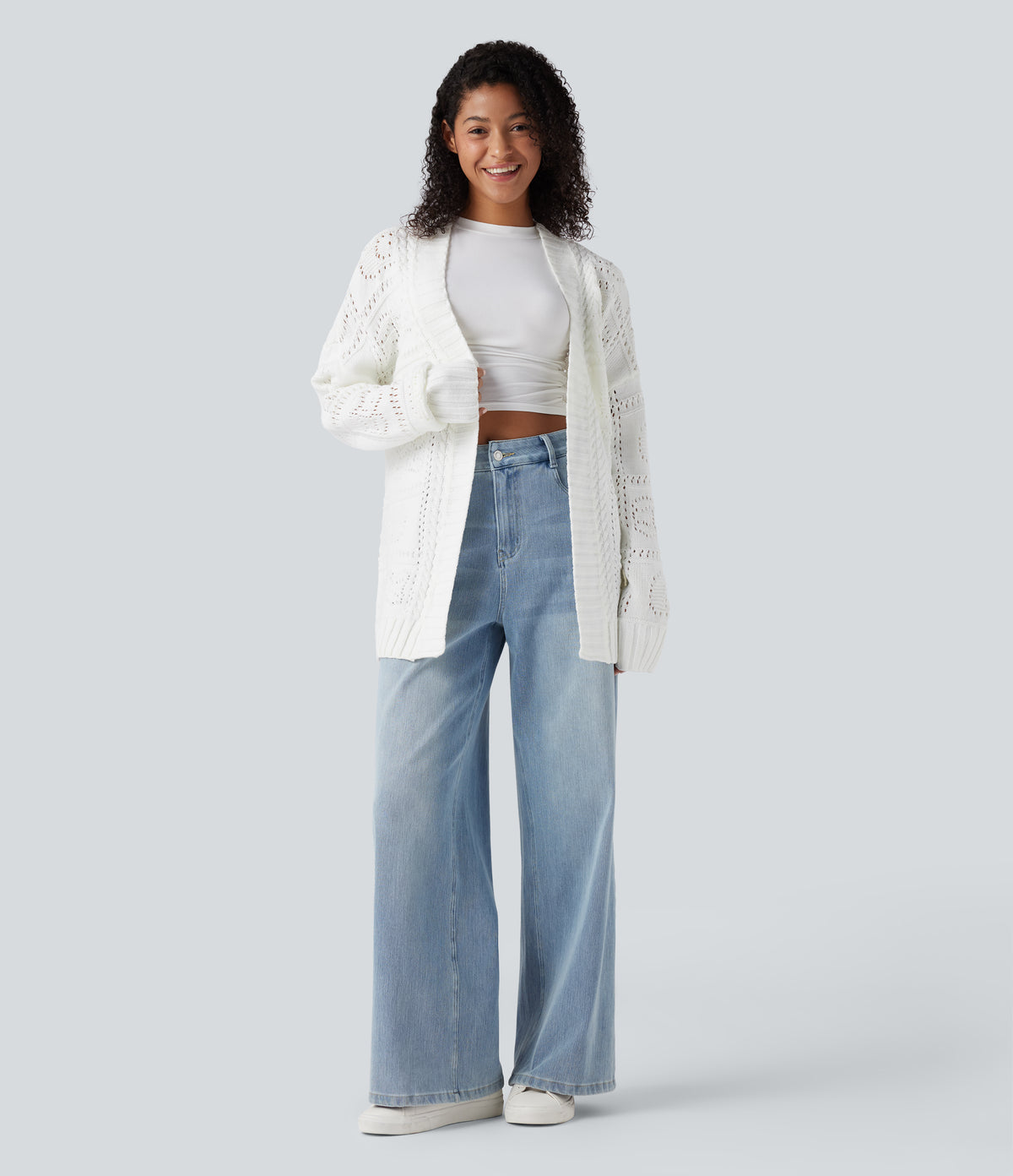 Open Front Long Sleeve Belted Jumper Knit Casual Cardigan — White — view 5