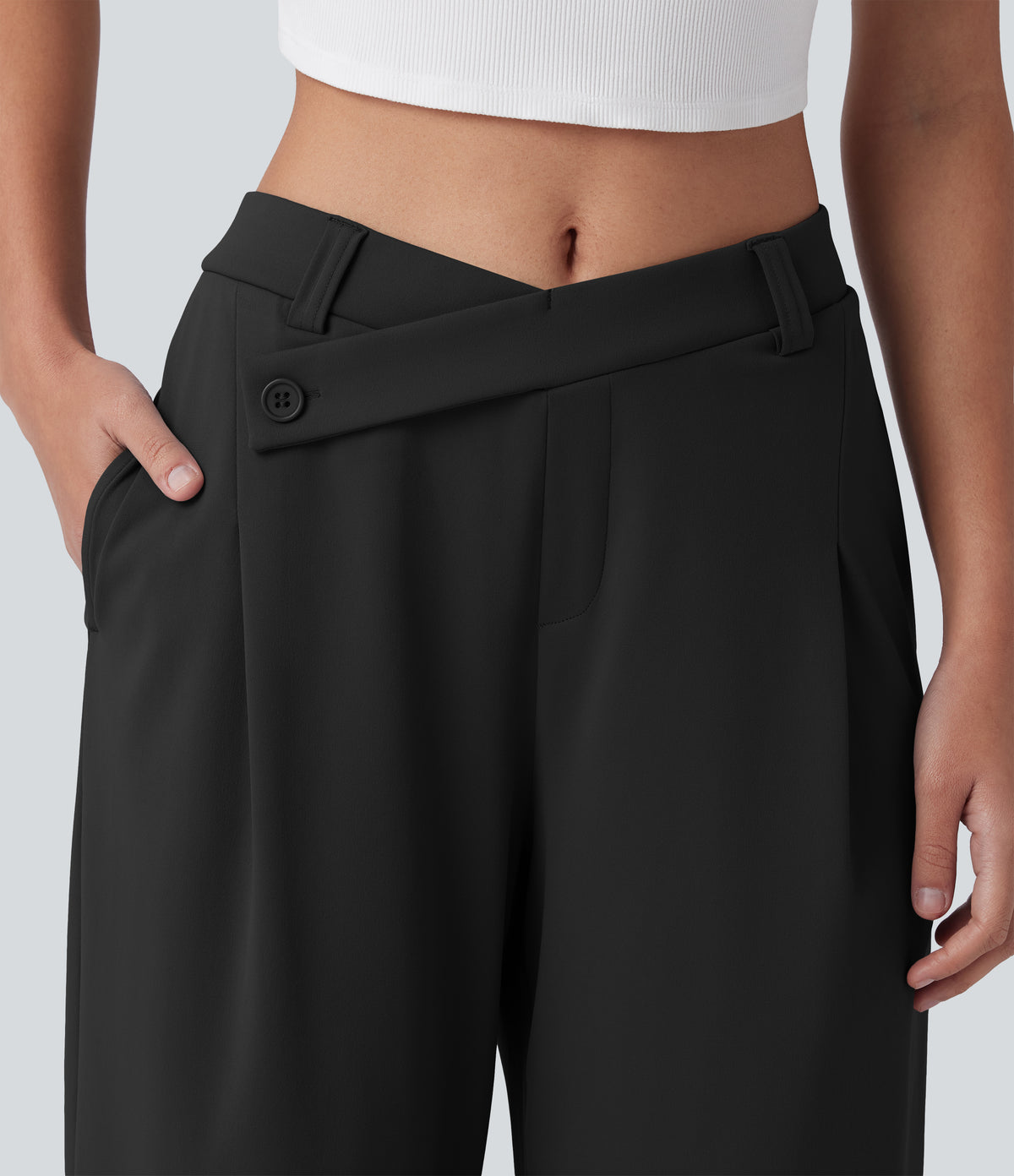 Asymmetric Mid Rise Work Baggy Trousers with Pockets — Black — view 4