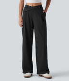 Asymmetric Mid Rise Work Baggy Trousers with Pockets — Black — view 1