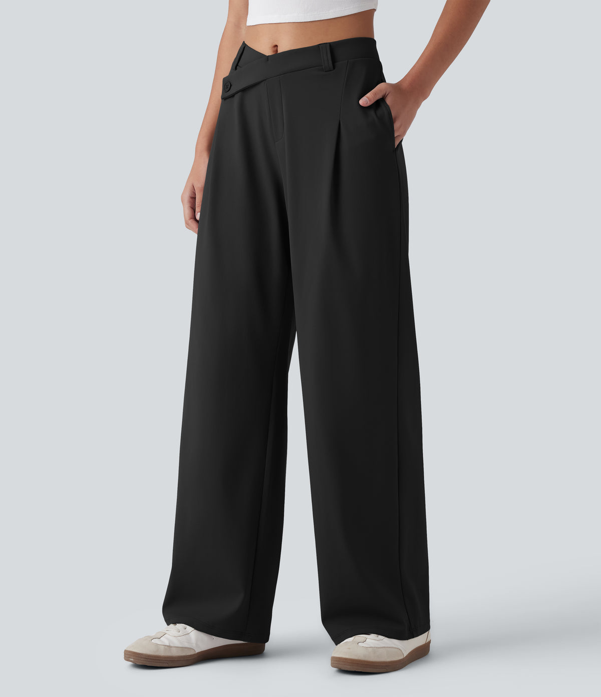 Asymmetric Mid Rise Work Baggy Trousers with Pockets — Black — view 3