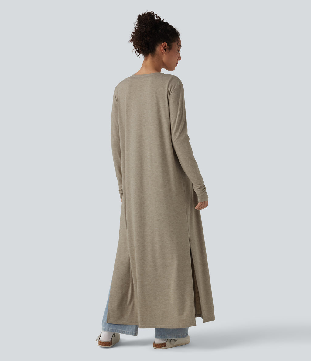 Long Sleeve Split Hem Heathered Casual Longline Cardigan — Khaki Floral Yarn — view 2