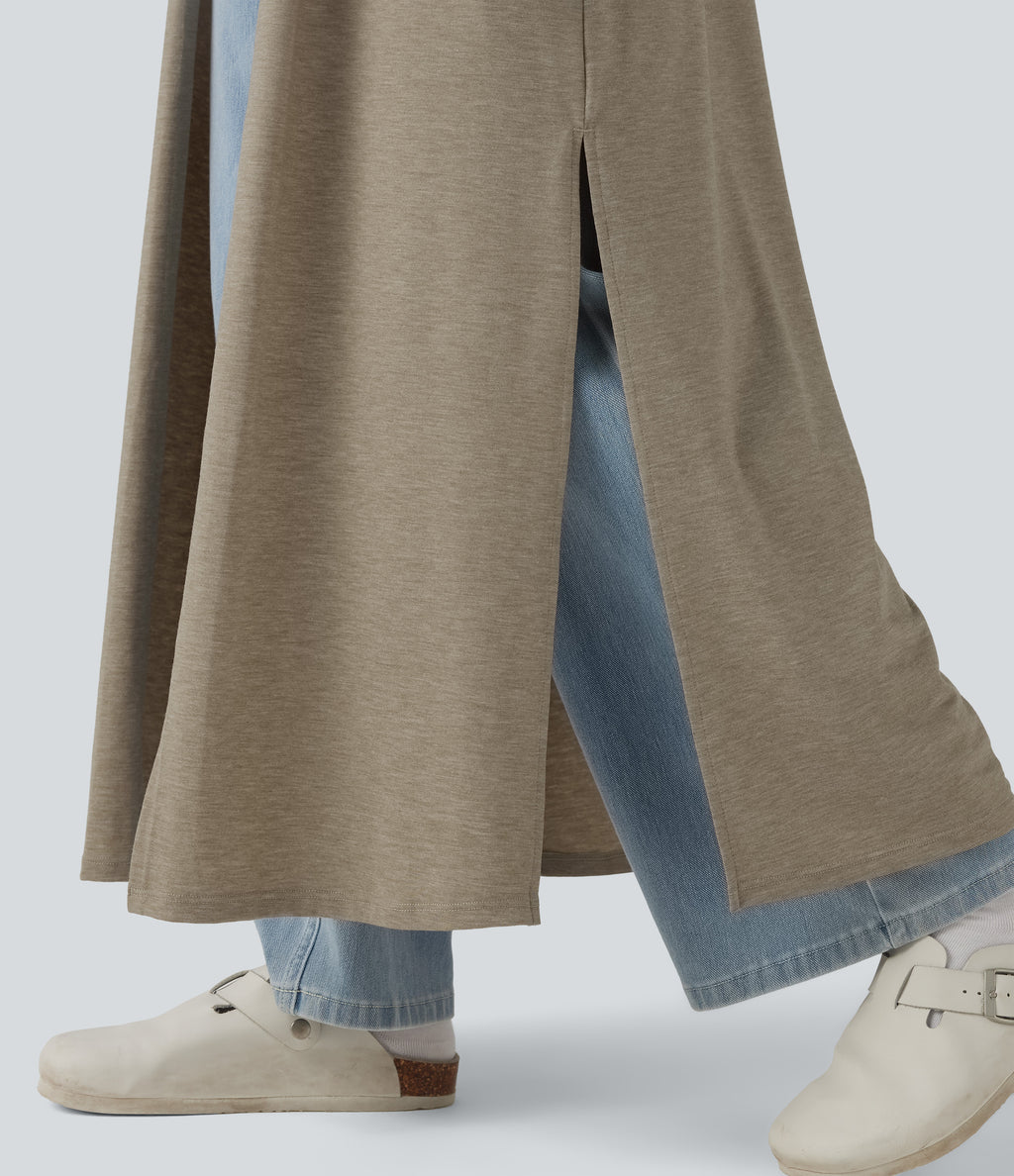 Long Sleeve Split Hem Heathered Casual Longline Cardigan — Khaki Floral Yarn — view 4