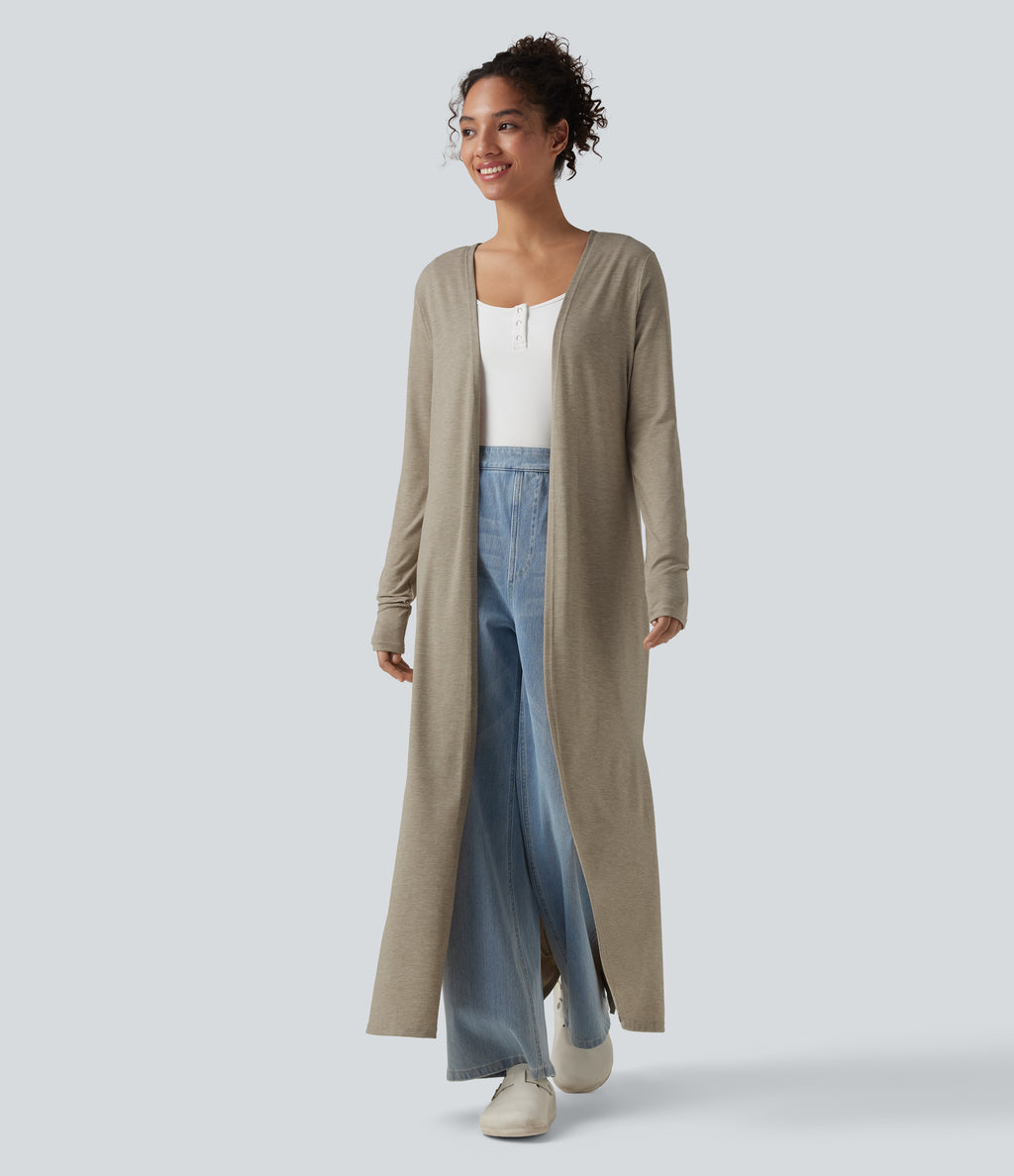 Long Sleeve Split Hem Heathered Casual Longline Cardigan — Khaki Floral Yarn — view 1
