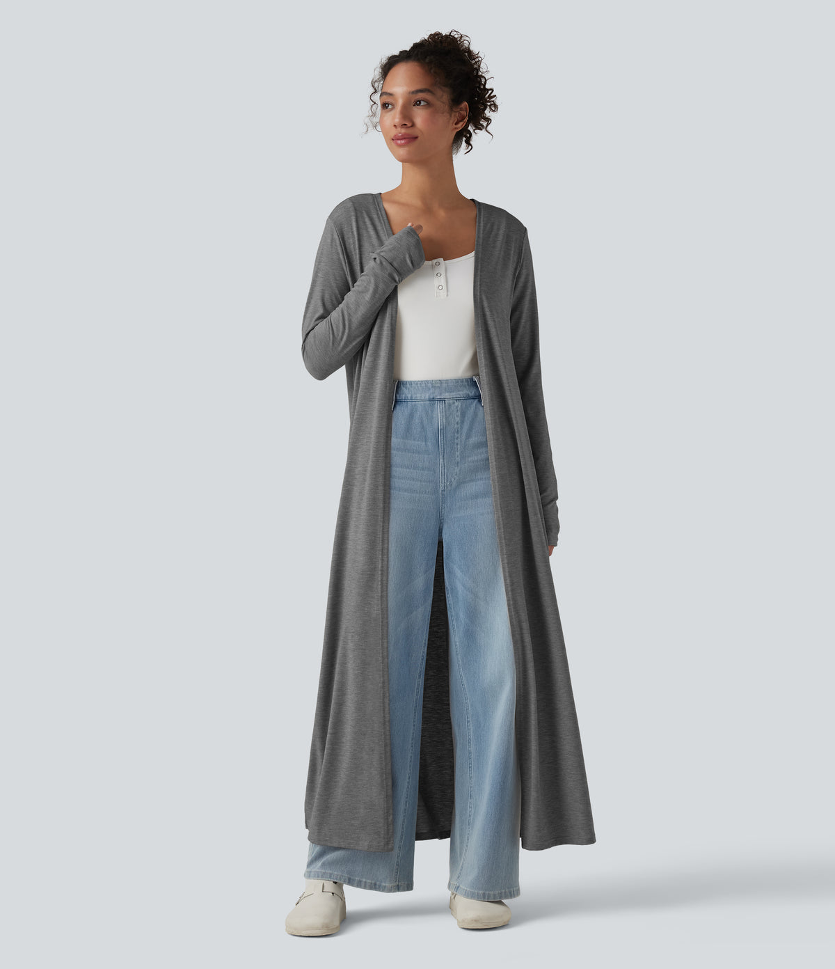 Long Sleeve Split Hem Heathered Casual Longline Cardigan — Darl Gray Floral Yarn — view 6