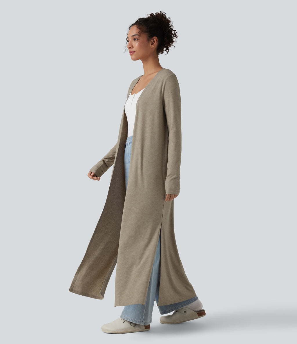 Long Sleeve Split Hem Heathered Casual Longline Cardigan — Khaki Floral Yarn — view 3