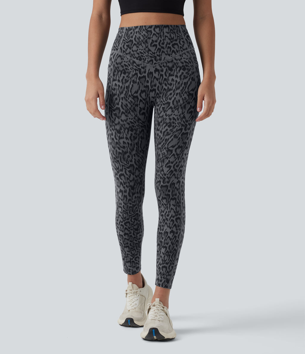 Leopard Print High Waisted Scrunch Butt Lifting Tummy Control Training Leggings with Pockets — Shadow Leopard — view 4