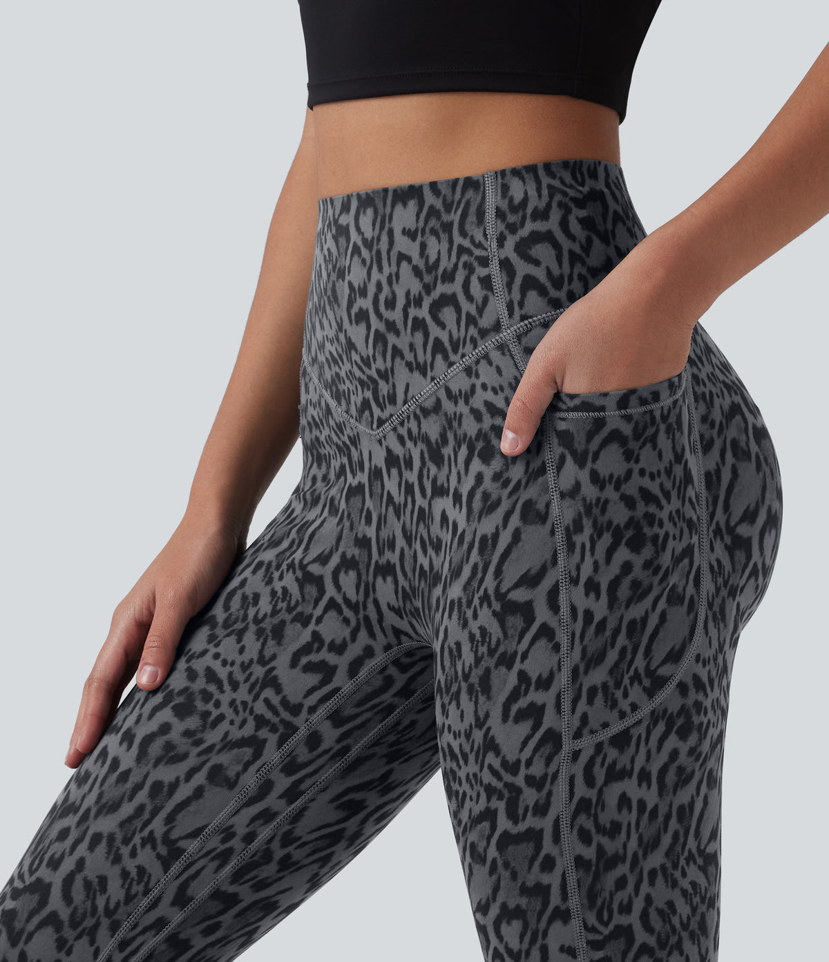 Leopard Print High Waisted Scrunch Butt Lifting Tummy Control Training Leggings with Pockets — Shadow Leopard — view 7