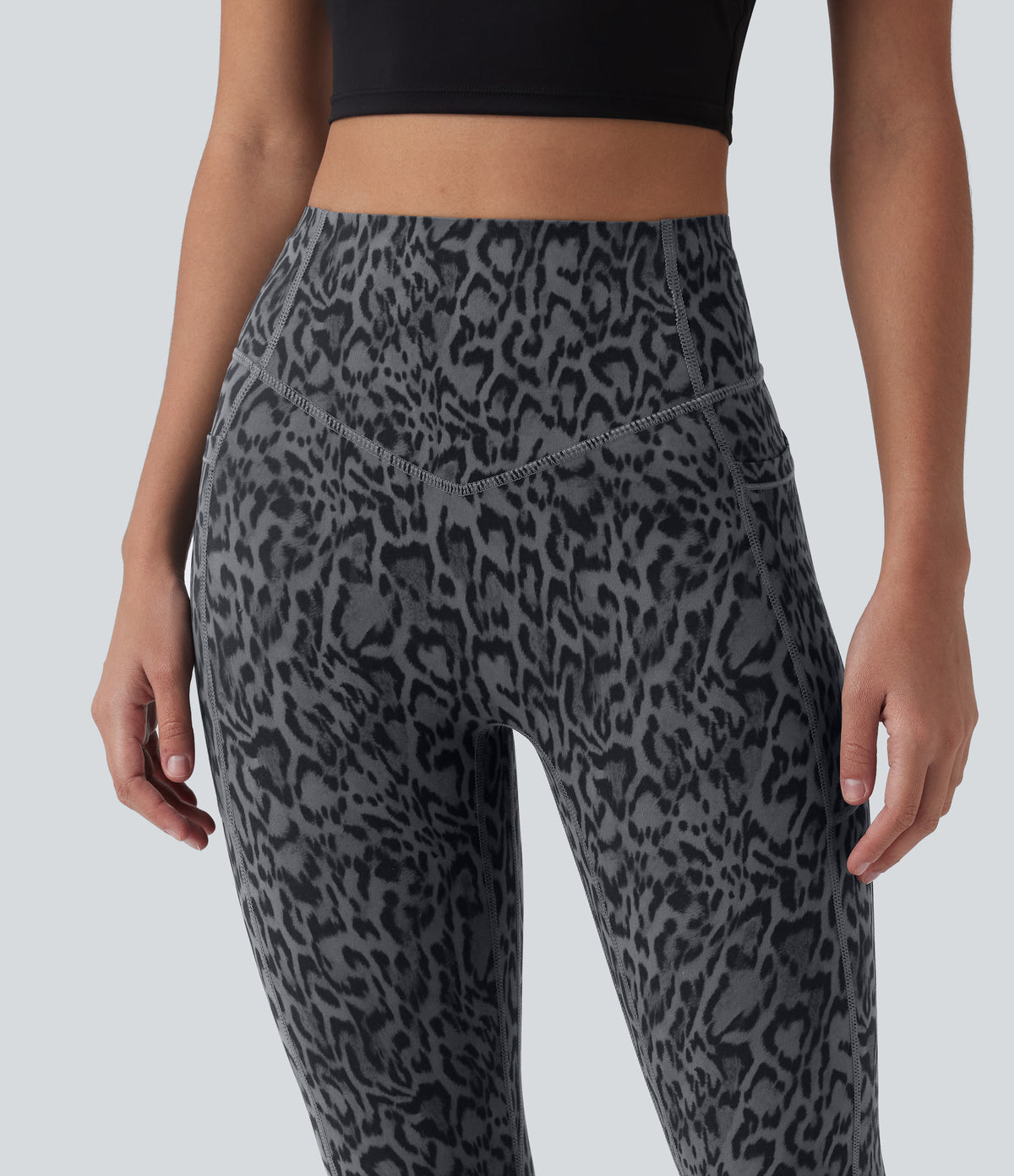 Leopard Print High Waisted Scrunch Butt Lifting Tummy Control Training Leggings with Pockets — Shadow Leopard — view 6