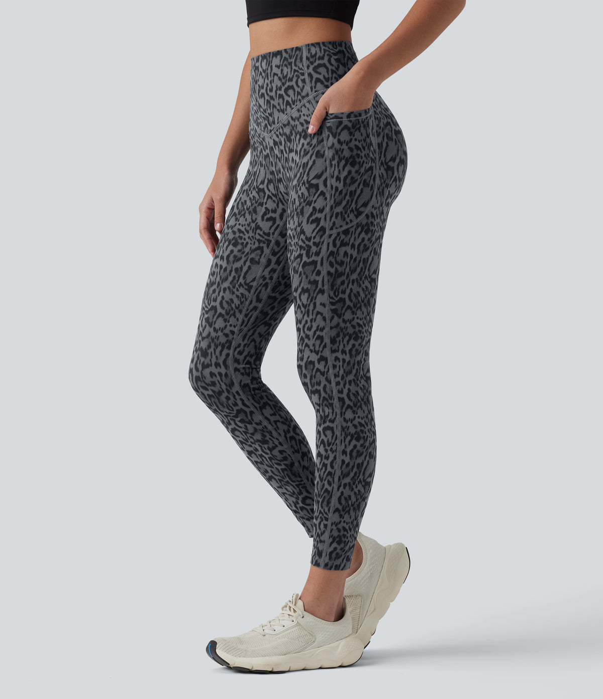 Leopard Print High Waisted Scrunch Butt Lifting Tummy Control Training Leggings with Pockets — Shadow Leopard — view 5