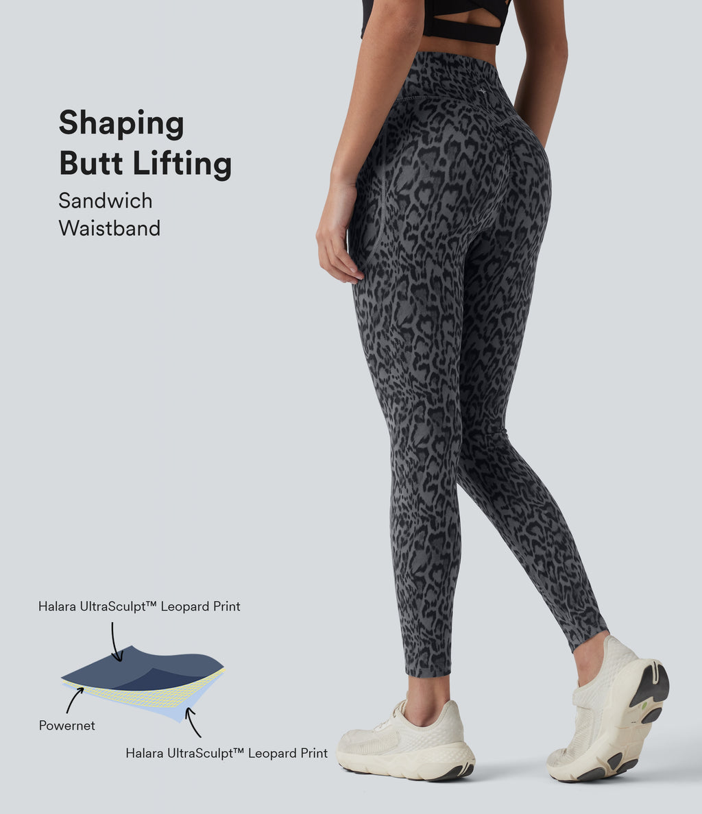 Leopard Print High Waisted Scrunch Butt Lifting Tummy Control Training Leggings with Pockets — Shadow Leopard — view 1
