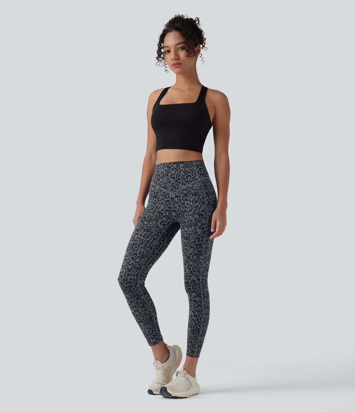 Leopard Print High Waisted Scrunch Butt Lifting Tummy Control Training Leggings with Pockets — Shadow Leopard — view 8