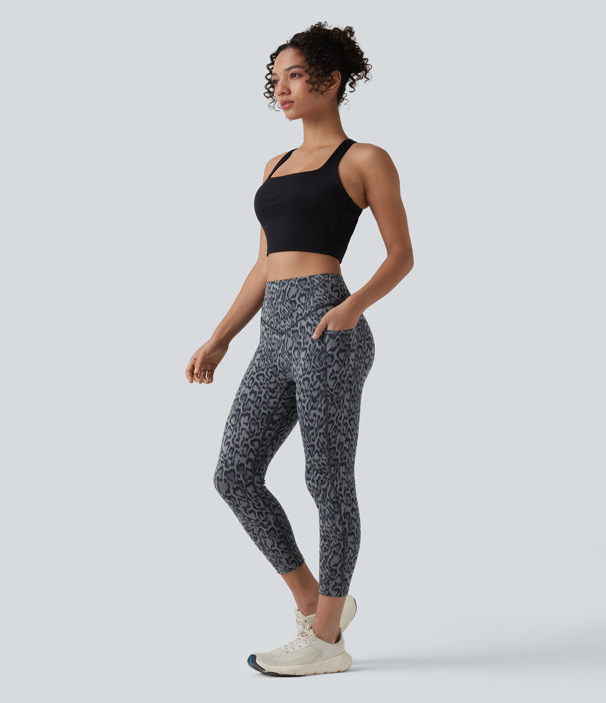 Leopard Print High Waisted Scrunch Butt Lifting Tummy Control Capri Training Leggings with Pockets — Shadow Leopard — view 8