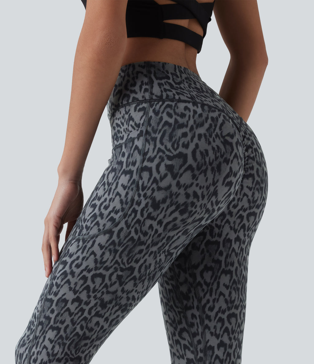 Leopard Print High Waisted Scrunch Butt Lifting Tummy Control Capri Training Leggings with Pockets — Shadow Leopard — view 6