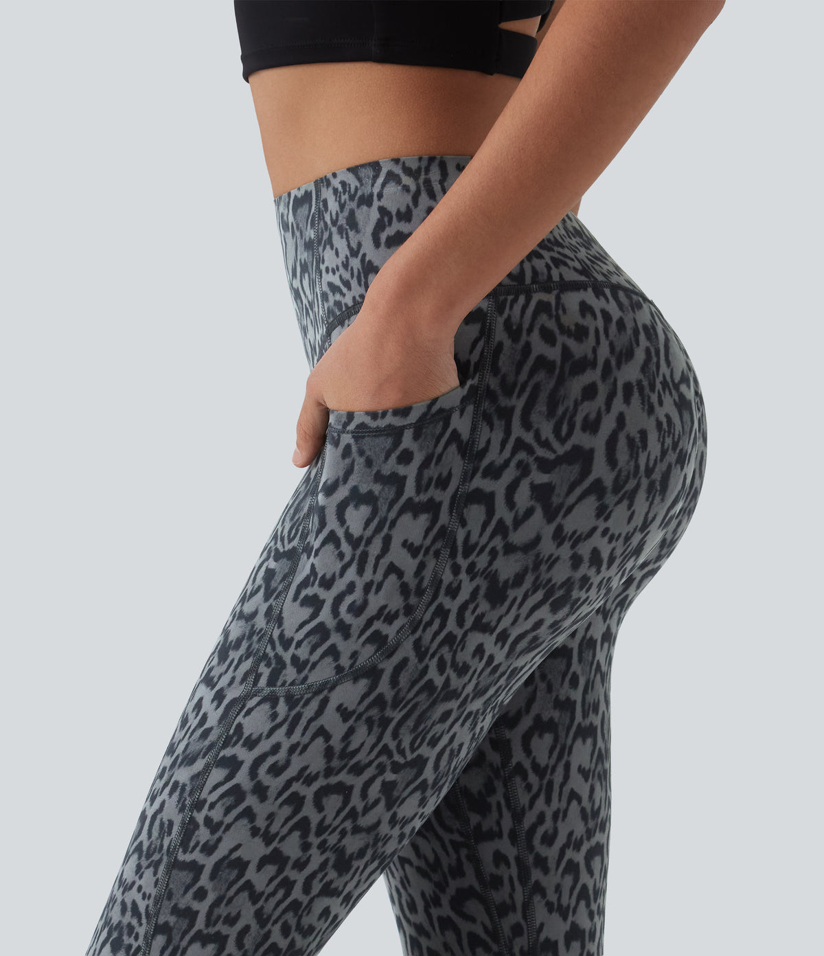 Leopard Print High Waisted Scrunch Butt Lifting Tummy Control Capri Training Leggings with Pockets — Shadow Leopard — view 7