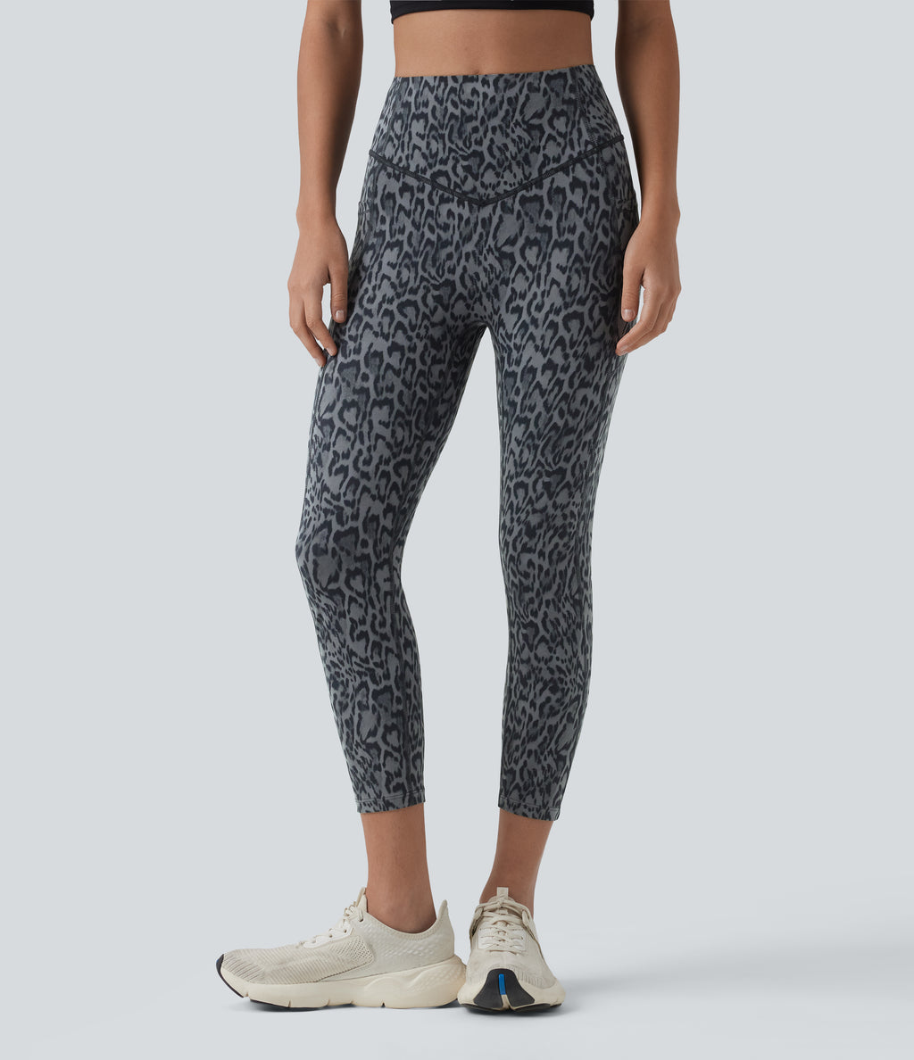 Leopard Print High Waisted Scrunch Butt Lifting Tummy Control Capri Training Leggings with Pockets — Shadow Leopard — view 4
