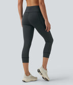 High Waisted Drawstring Stripe Capri Yoga Leggings with Pockets — Steel Stripe — view 3