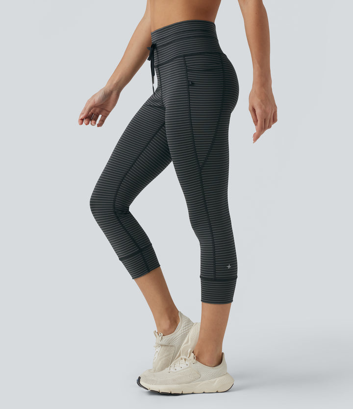 High Waisted Drawstring Stripe Capri Yoga Leggings with Pockets — Steel Stripe — view 1