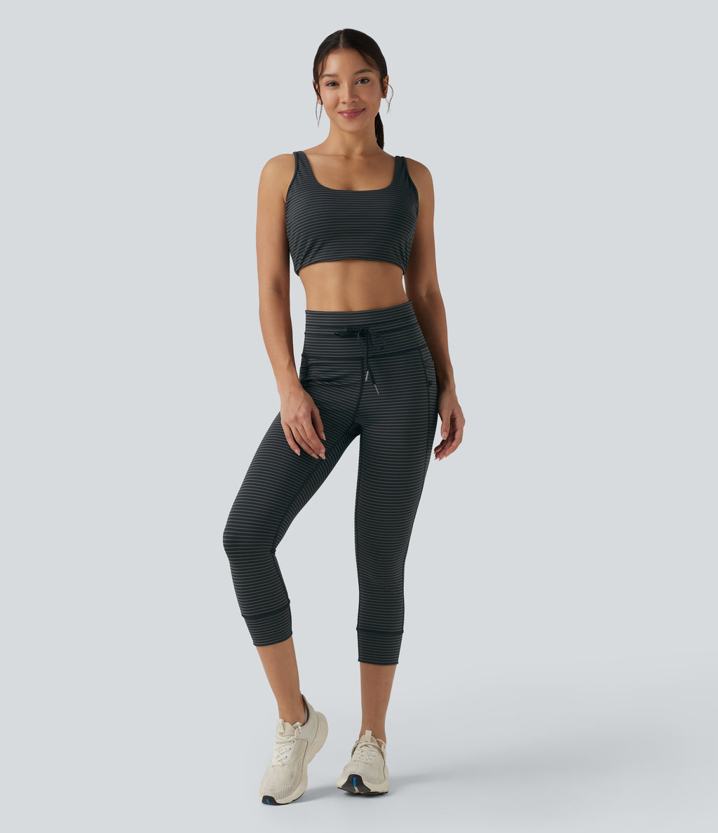 High Waisted Drawstring Stripe Capri Yoga Leggings with Pockets — Steel Stripe — view 7