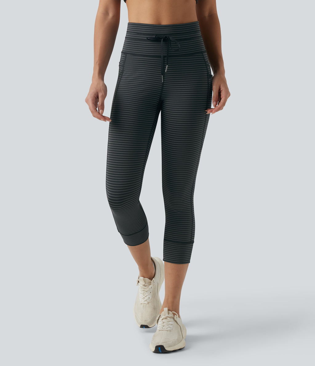 High Waisted Drawstring Stripe Capri Yoga Leggings with Pockets — Steel Stripe — view 4