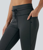 High Waisted Drawstring Stripe Capri Yoga Leggings with Pockets — Steel Stripe — view 5
