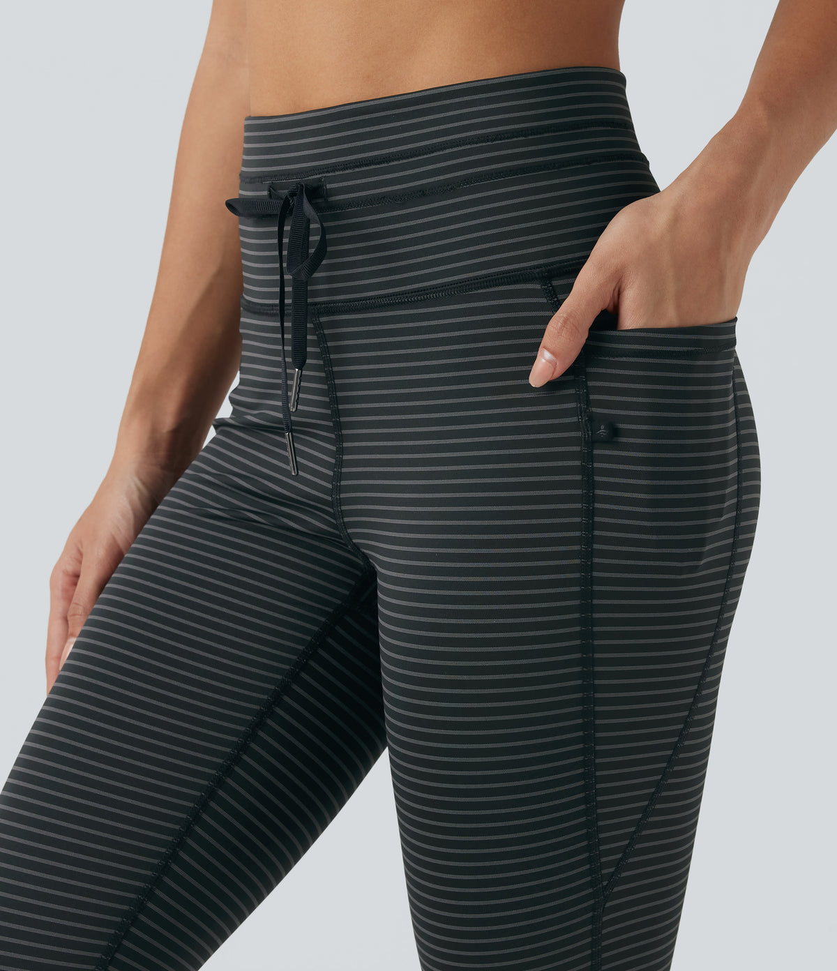 High Waisted Drawstring Stripe Capri Yoga Leggings with Pockets — Steel Stripe — view 5