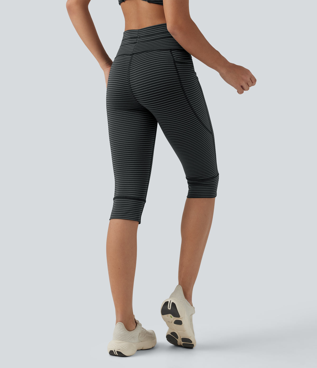 High Waisted Drawstring Stripe Pedal Pusher Yoga Leggings with Pockets — Steel Stripe — view 3