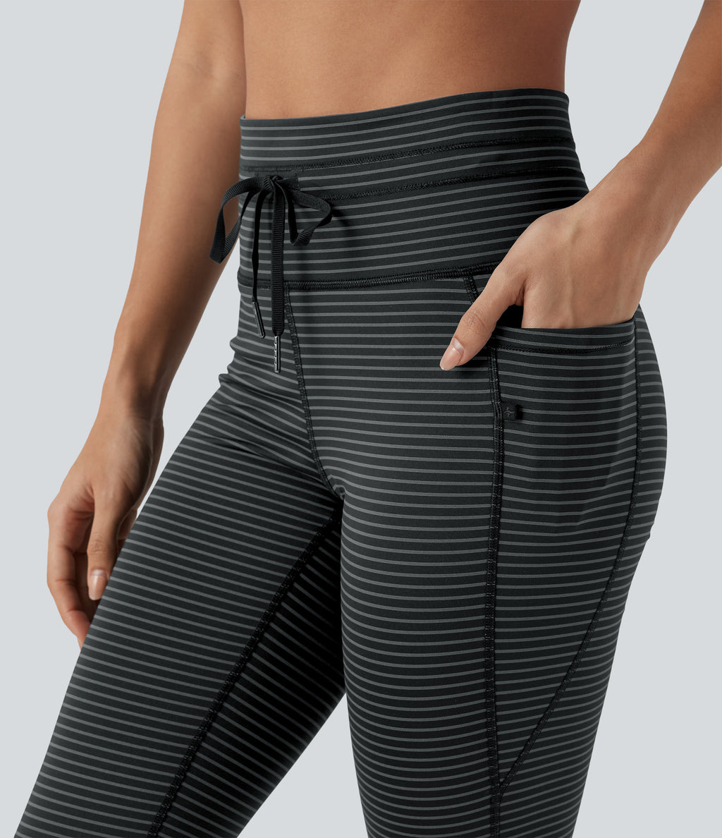 High Waisted Drawstring Stripe Pedal Pusher Yoga Leggings with Pockets — Steel Stripe — view 5
