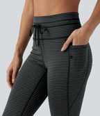 High Waisted Drawstring Stripe Pedal Pusher Yoga Leggings with Pockets — Steel Stripe — view 5