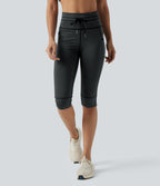 High Waisted Drawstring Stripe Pedal Pusher Yoga Leggings with Pockets — Steel Stripe — view 4