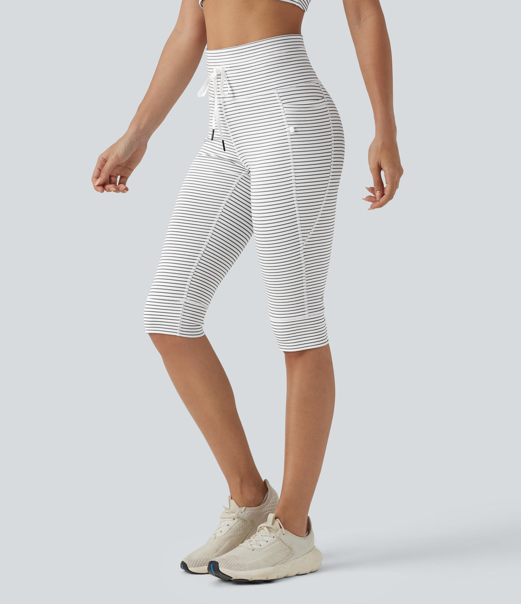 High Waisted Drawstring Stripe Pedal Pusher Yoga Leggings with Pockets — Zebra Ripple — view 8