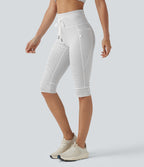 High Waisted Drawstring Stripe Pedal Pusher Yoga Leggings with Pockets — Zebra Ripple — view 8