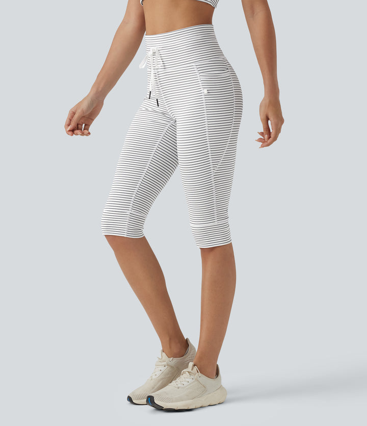 High Waisted Drawstring Stripe Pedal Pusher Yoga Leggings with Pockets — Zebra Ripple — view 8