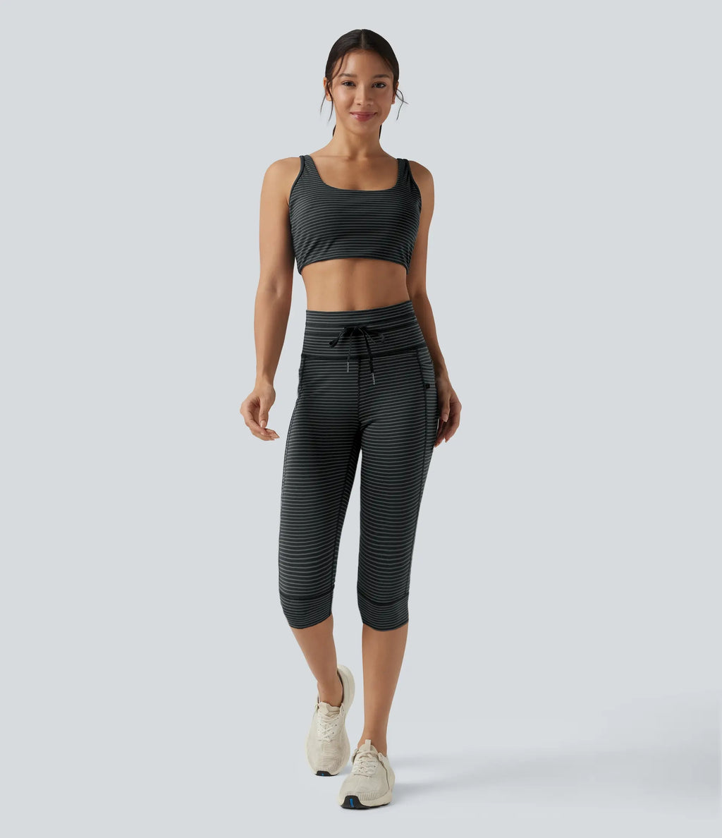 High Waisted Drawstring Stripe Pedal Pusher Yoga Leggings with Pockets — Steel Stripe — view 7