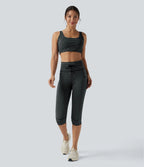 High Waisted Drawstring Stripe Pedal Pusher Yoga Leggings with Pockets — Steel Stripe — view 7