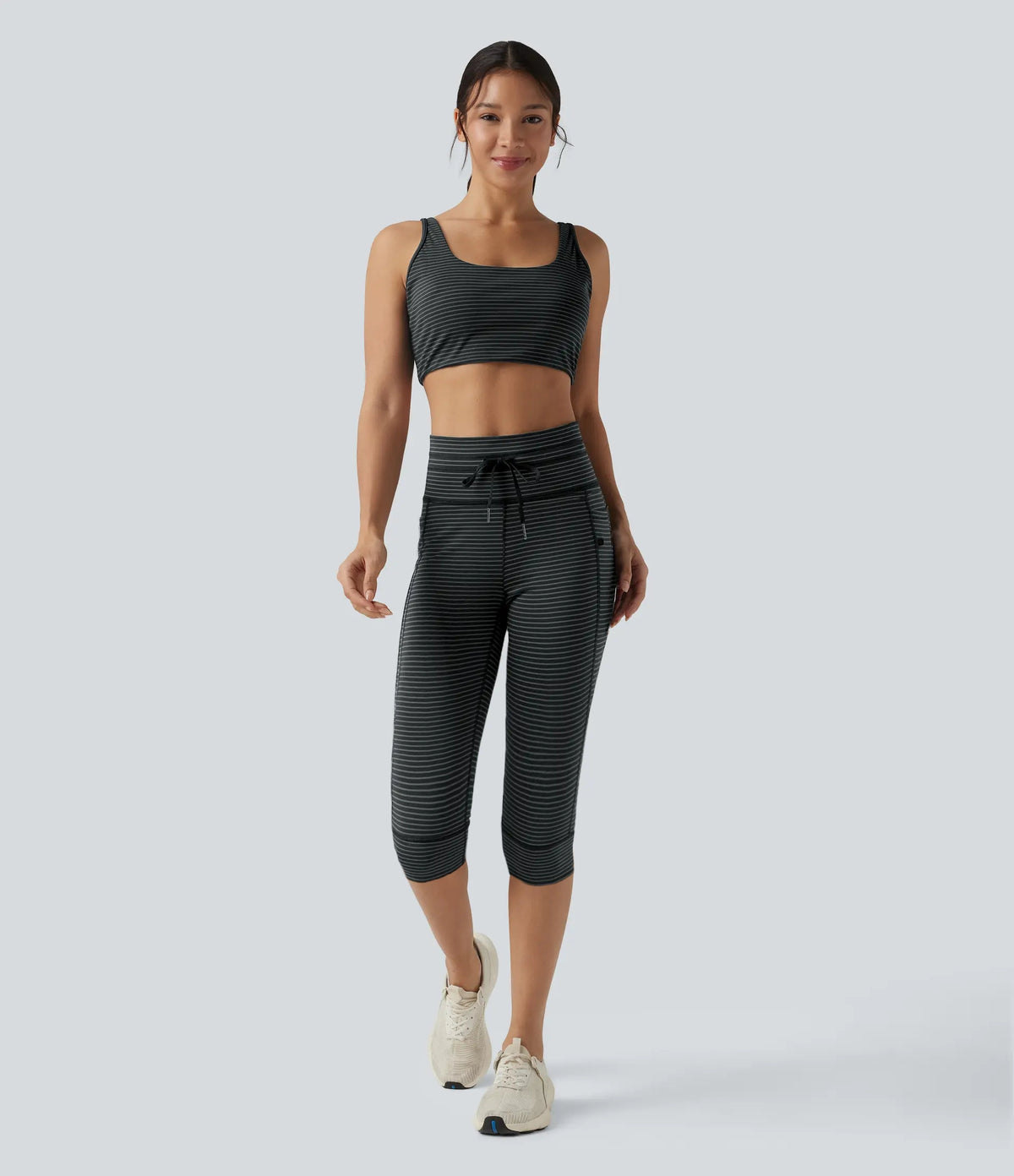 High Waisted Drawstring Stripe Pedal Pusher Yoga Leggings with Pockets — Steel Stripe — view 7