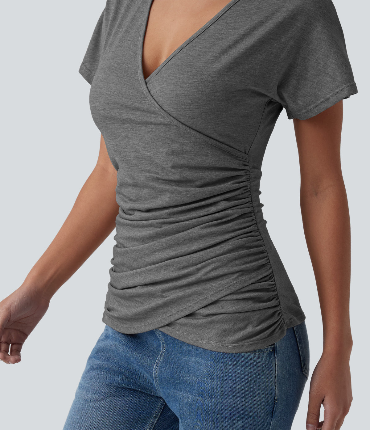V Neck Short Sleeve Ruched Casual Top — Darl Gray Floral Yarn — view 4
