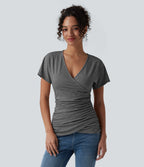 V Neck Short Sleeve Ruched Casual Top — Darl Gray Floral Yarn — view 1