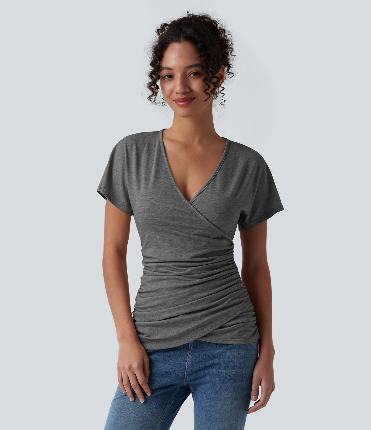 V Neck Short Sleeve Ruched Casual Top — Darl Gray Floral Yarn — view 1