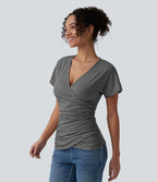 V Neck Short Sleeve Ruched Casual Top — Darl Gray Floral Yarn — view 3