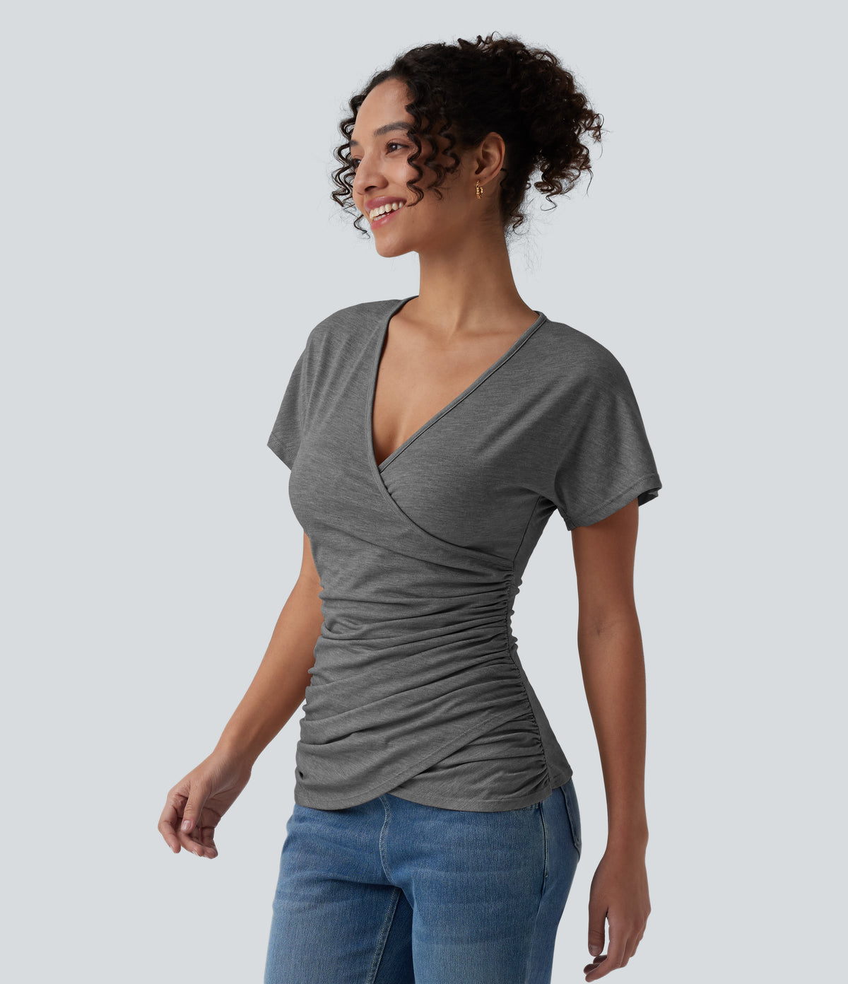 V Neck Short Sleeve Ruched Casual Top — Darl Gray Floral Yarn — view 3