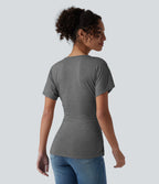 V Neck Short Sleeve Ruched Casual Top — Darl Gray Floral Yarn — view 2