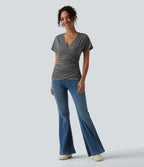 V Neck Short Sleeve Ruched Casual Top — Darl Gray Floral Yarn — view 5