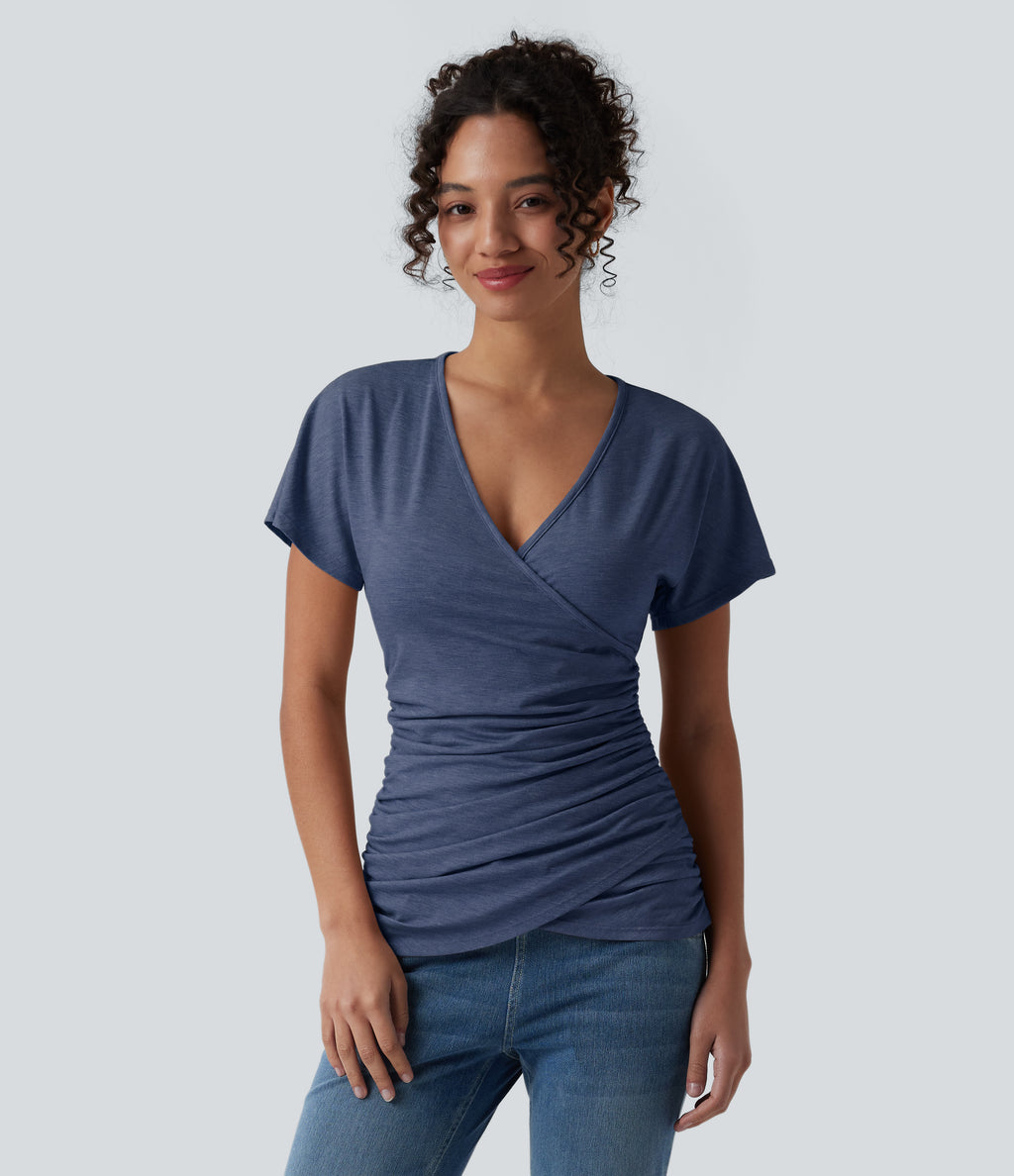 V Neck Short Sleeve Ruched Casual Top — Mottled Indigo — view 6