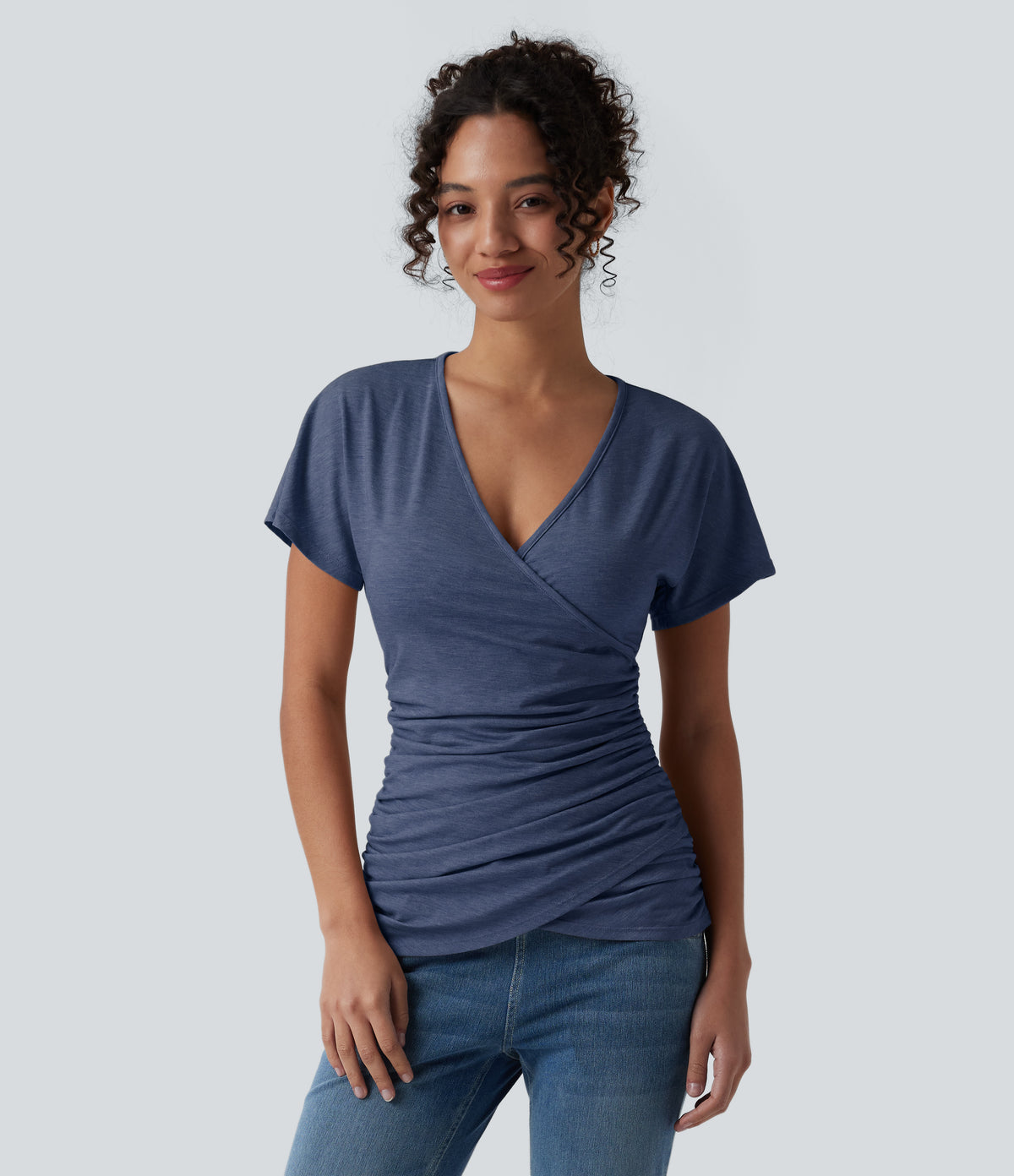 V Neck Short Sleeve Ruched Casual Top — Mottled Indigo — view 6