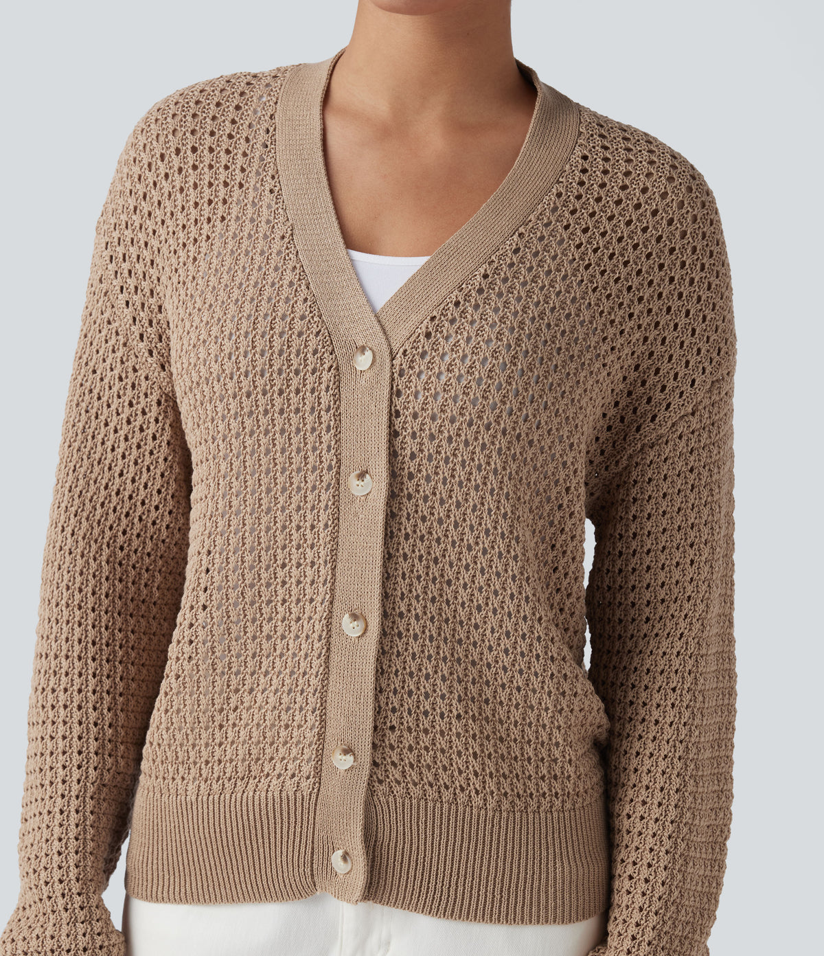 V Neck Long Sleeve Jumper Knit Casual Cardigan — Irish Cream — view 4